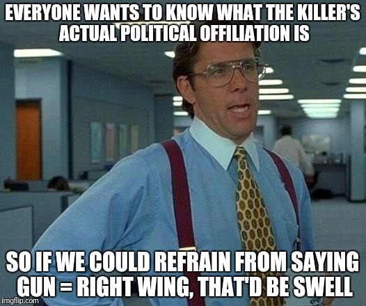 That Would Be Great Meme | EVERYONE WANTS TO KNOW WHAT THE KILLER'S ACTUAL POLITICAL OFFILIATION IS SO IF WE COULD REFRAIN FROM SAYING GUN = RIGHT WING, THAT'D BE SWEL | image tagged in memes,that would be great | made w/ Imgflip meme maker