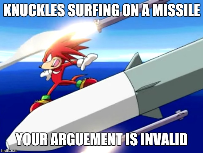 KNUCKLES SURFING ON A MISSILE; YOUR ARGUEMENT IS INVALID | image tagged in knuckles on a missile | made w/ Imgflip meme maker