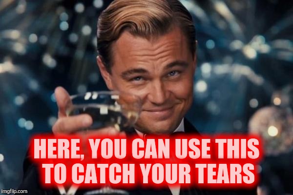 Leonardo Dicaprio Cheers Meme | HERE, YOU CAN USE THIS TO CATCH YOUR TEARS | image tagged in memes,leonardo dicaprio cheers | made w/ Imgflip meme maker