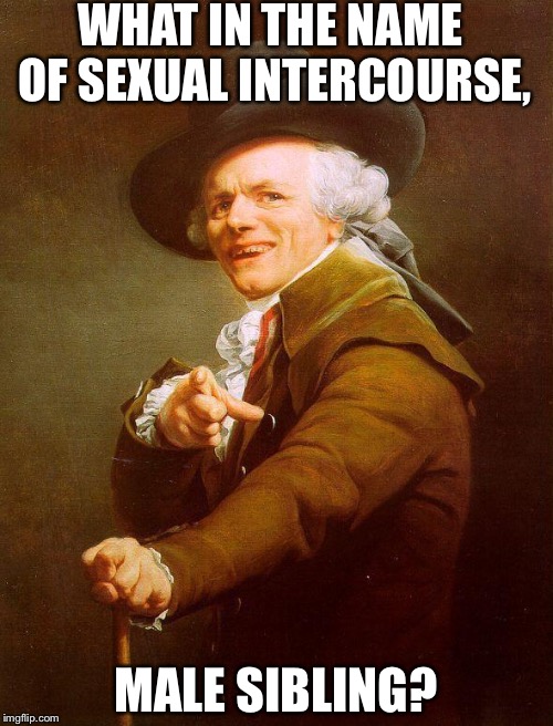 Archaic rap | WHAT IN THE NAME OF SEXUAL INTERCOURSE, MALE SIBLING? | image tagged in archaic rap | made w/ Imgflip meme maker