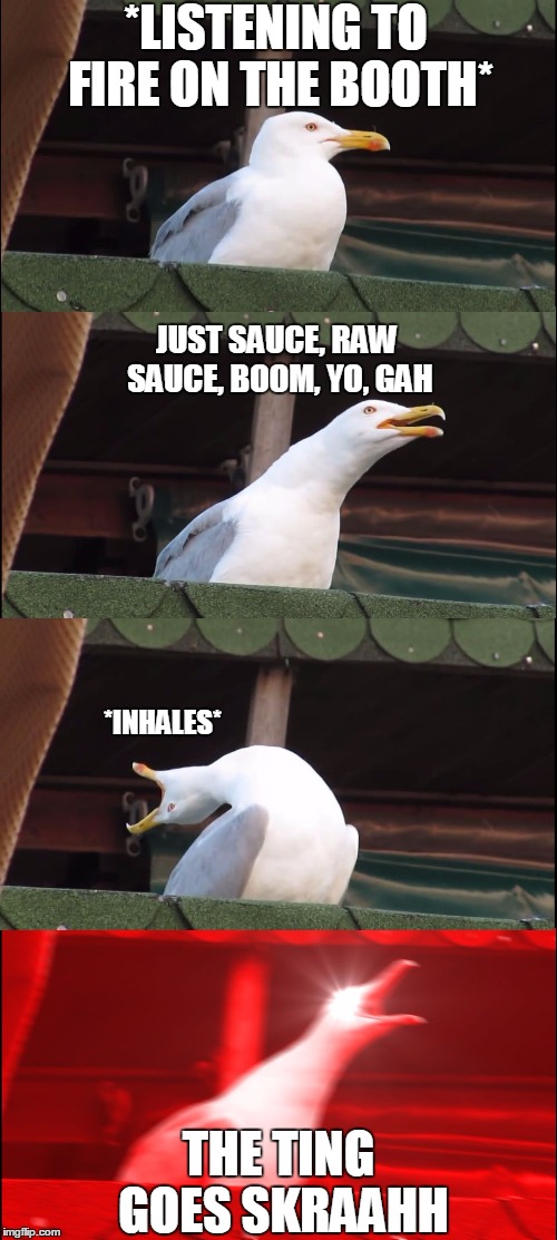 Inhaling Seagull | *LISTENING TO FIRE ON THE BOOTH*; JUST SAUCE, RAW SAUCE, BOOM, YO, GAH; *INHALES*; THE TING GOES SKRAAHH | image tagged in inhaling seagull | made w/ Imgflip meme maker