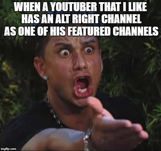 DJ Pauly D Meme | WHEN A YOUTUBER THAT I LIKE HAS AN ALT RIGHT CHANNEL AS ONE OF HIS FEATURED CHANNELS | image tagged in memes,dj pauly d,politics,youtube | made w/ Imgflip meme maker