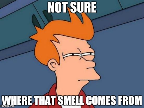 Futurama Fry Meme | NOT SURE WHERE THAT SMELL COMES FROM | image tagged in memes,futurama fry | made w/ Imgflip meme maker