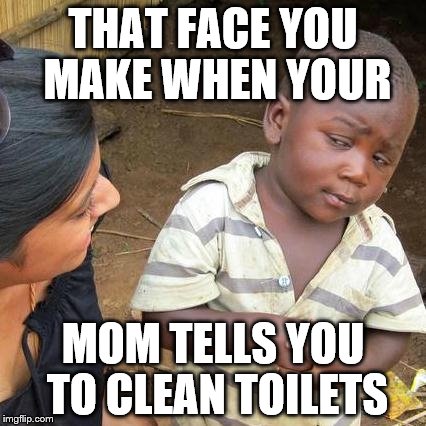 Third World Skeptical Kid | THAT FACE YOU MAKE WHEN YOUR; MOM TELLS YOU TO CLEAN TOILETS | image tagged in memes,third world skeptical kid | made w/ Imgflip meme maker
