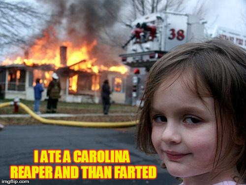 Disaster Girl Meme | I ATE A CAROLINA REAPER AND THAN FARTED | image tagged in memes,disaster girl | made w/ Imgflip meme maker