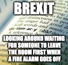 Brexit Fire alarm | BREXIT; LOOKING AROUND WAITING FOR SOMEONE TO LEAVE THE ROOM FIRST WHEN A FIRE ALARM GOES OFF | image tagged in brexit | made w/ Imgflip meme maker