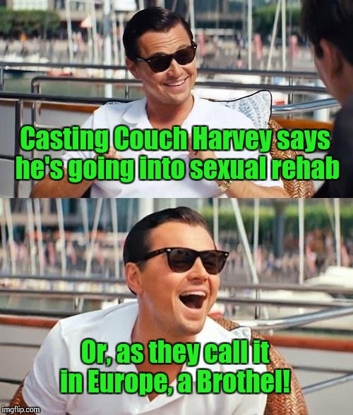 Leonardo Dicaprio Wolf Of Wall Street | Casting Couch Harvey says he's going into sexual rehab; Or, as they call it in Europe, a Brothel! | image tagged in memes,leonardo dicaprio wolf of wall street | made w/ Imgflip meme maker