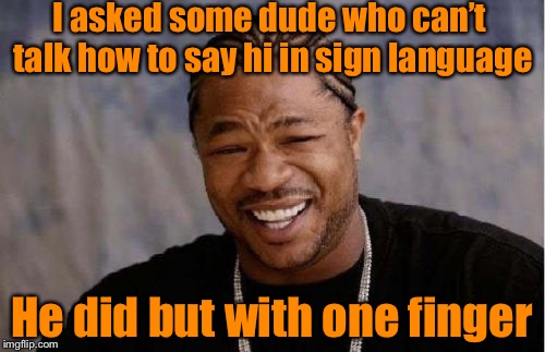 Yo Dawg Heard You Meme | I asked some dude who can’t talk how to say hi in sign language; He did but with one finger | image tagged in memes,yo dawg heard you | made w/ Imgflip meme maker