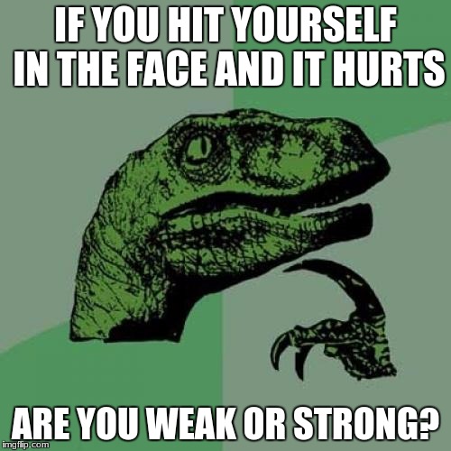 Philosoraptor | IF YOU HIT YOURSELF IN THE FACE AND IT HURTS; ARE YOU WEAK OR STRONG? | image tagged in memes,philosoraptor | made w/ Imgflip meme maker