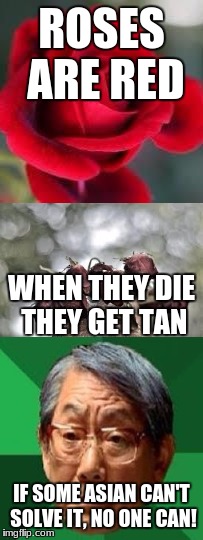 That guy's skin is tan too! | ROSES ARE RED; WHEN THEY DIE THEY GET TAN; IF SOME ASIAN CAN'T SOLVE IT, NO ONE CAN! | image tagged in high expectations asian father,roses are red violets are are blue | made w/ Imgflip meme maker