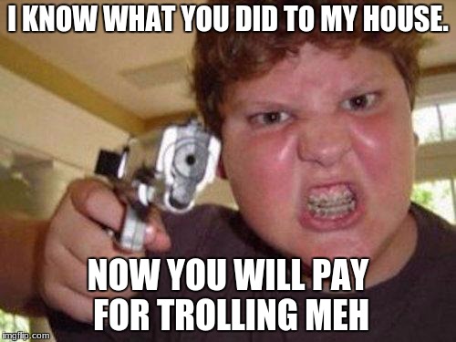 minecrafter | I KNOW WHAT YOU DID TO MY HOUSE. NOW YOU WILL PAY FOR TROLLING MEH | image tagged in minecrafter | made w/ Imgflip meme maker