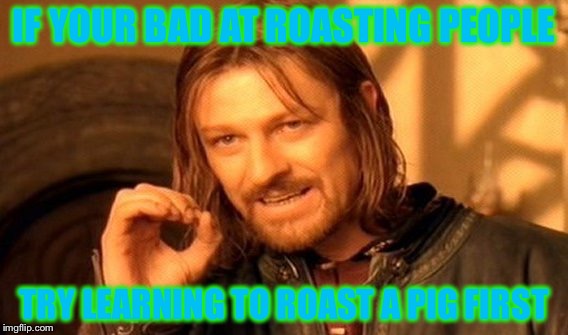 One Does Not Simply Meme | IF YOUR BAD AT ROASTING PEOPLE; TRY LEARNING TO ROAST A PIG FIRST | image tagged in memes,one does not simply | made w/ Imgflip meme maker
