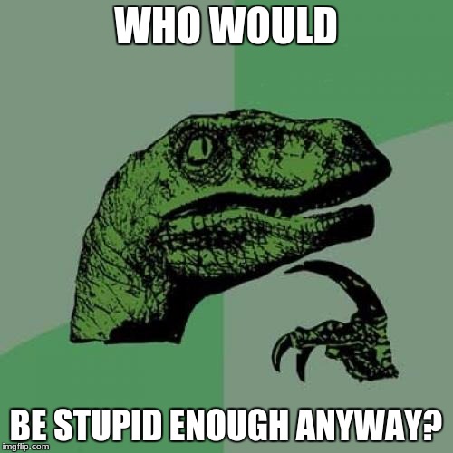 Philosoraptor Meme | WHO WOULD BE STUPID ENOUGH ANYWAY? | image tagged in memes,philosoraptor | made w/ Imgflip meme maker