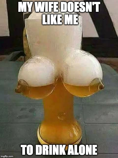 titties and beer | MY WIFE DOESN'T LIKE ME; TO DRINK ALONE | image tagged in titties and beer | made w/ Imgflip meme maker