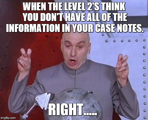 Dr Evil Laser Meme | WHEN THE LEVEL 2'S THINK YOU DON'T HAVE ALL OF THE INFORMATION IN YOUR CASE NOTES. RIGHT..... | image tagged in memes,dr evil laser | made w/ Imgflip meme maker