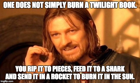 One Does Not Simply | ONE DOES NOT SIMPLY BURN A TWILIGHT BOOK. YOU RIP IT TO PIECES, FEED IT TO A SHARK AND SEND IT IN A ROCKET TO BURN IT IN THE SUN. | image tagged in memes,one does not simply | made w/ Imgflip meme maker
