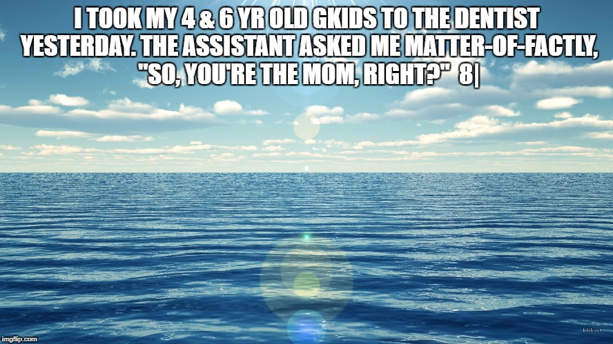 I TOOK MY 4 & 6 YR OLD GKIDS TO THE DENTIST YESTERDAY. THE ASSISTANT ASKED ME MATTER-OF-FACTLY, "SO, YOU'RE THE MOM, RIGHT?"  8| | image tagged in ocean | made w/ Imgflip meme maker