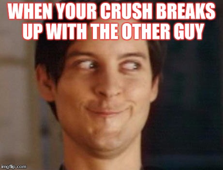 Spiderman Peter Parker Meme | WHEN YOUR CRUSH BREAKS UP WITH THE OTHER GUY | image tagged in memes,spiderman peter parker | made w/ Imgflip meme maker