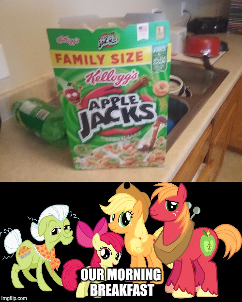 Part of a good apple family breakfast! | OUR MORNING BREAKFAST | image tagged in memes,cereal,applejack | made w/ Imgflip meme maker