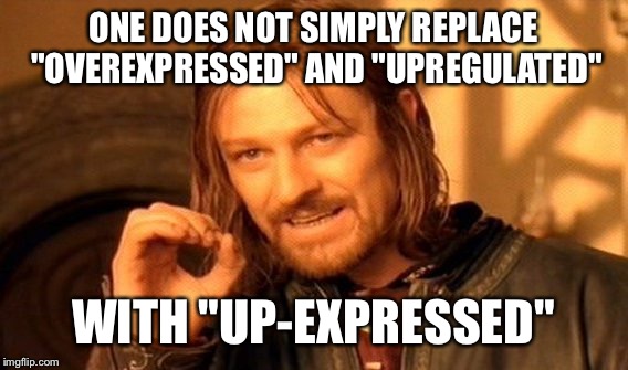 One Does Not Simply Meme | ONE DOES NOT SIMPLY REPLACE "OVEREXPRESSED" AND "UPREGULATED"; WITH "UP-EXPRESSED" | image tagged in memes,one does not simply | made w/ Imgflip meme maker