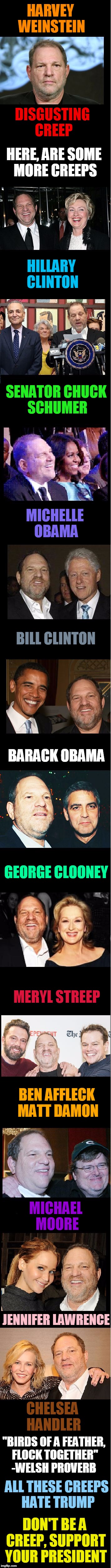 CREEPS! |  HARVEY WEINSTEIN; DISGUSTING CREEP; HERE, ARE SOME MORE CREEPS; HILLARY CLINTON; SENATOR CHUCK SCHUMER; MICHELLE OBAMA; BILL CLINTON; BARACK OBAMA; GEORGE CLOONEY; MERYL STREEP; BEN AFFLECK MATT DAMON; MICHAEL MOORE; JENNIFER LAWRENCE; CHELSEA HANDLER; "BIRDS OF A FEATHER, FLOCK TOGETHER" -WELSH PROVERB; ALL THESE CREEPS HATE TRUMP; DON'T BE A CREEP,
SUPPORT YOUR PRESIDENT | image tagged in creeps,funny,memes,mxm | made w/ Imgflip meme maker