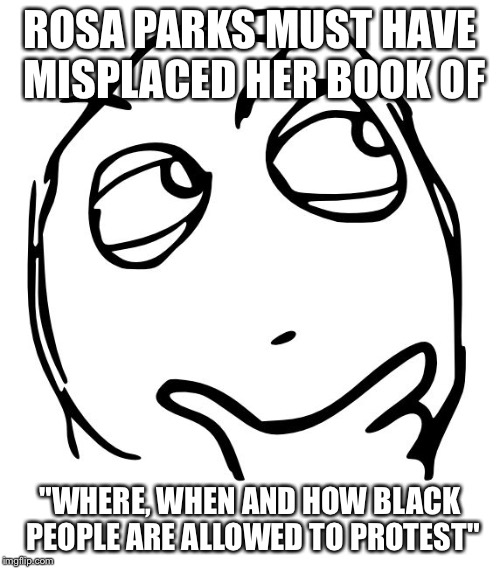 wondering blank | ROSA PARKS MUST HAVE MISPLACED HER BOOK OF; "WHERE, WHEN AND HOW BLACK PEOPLE ARE ALLOWED TO PROTEST" | image tagged in wondering blank | made w/ Imgflip meme maker