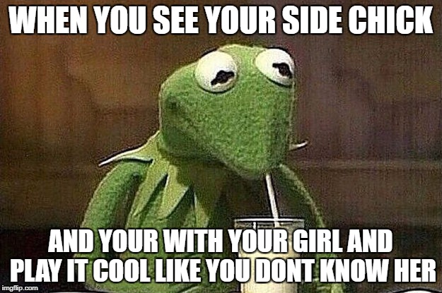 When you see your side chick | WHEN YOU SEE YOUR SIDE CHICK; AND YOUR WITH YOUR GIRL AND PLAY IT COOL LIKE YOU DONT KNOW HER | image tagged in imgflip,kermit,memes | made w/ Imgflip meme maker