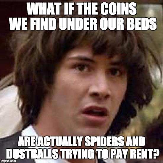 wait, spiders pay rent? | WHAT IF THE COINS WE FIND UNDER OUR BEDS; ARE ACTUALLY SPIDERS AND DUSTBALLS TRYING TO PAY RENT? | image tagged in memes,conspiracy keanu | made w/ Imgflip meme maker