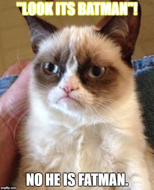Grumpy Cat Meme | "LOOK ITS BATMAN"! NO HE IS FATMAN. | image tagged in memes,grumpy cat | made w/ Imgflip meme maker