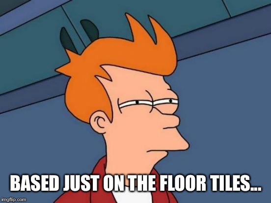 Futurama Fry Meme | BASED JUST ON THE FLOOR TILES... | image tagged in memes,futurama fry | made w/ Imgflip meme maker