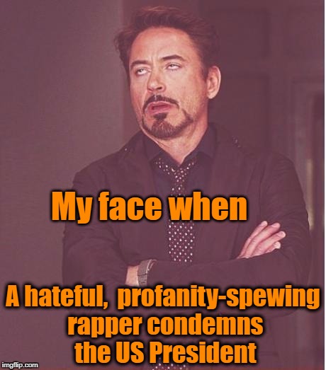 So we're supposed to hate the president now because this PUNK does?? | My face when; A hateful,  profanity-spewing rapper condemns the US President | image tagged in memes,face you make robert downey jr | made w/ Imgflip meme maker