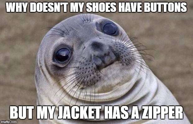 Awkward Moment Sealion | WHY DOESN'T MY SHOES HAVE BUTTONS; BUT MY JACKET HAS A ZIPPER | image tagged in memes,awkward moment sealion | made w/ Imgflip meme maker