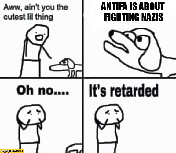 Oh no it's retarded! | ANTIFA IS ABOUT FIGHTING NAZIS | image tagged in oh no it's retarded | made w/ Imgflip meme maker