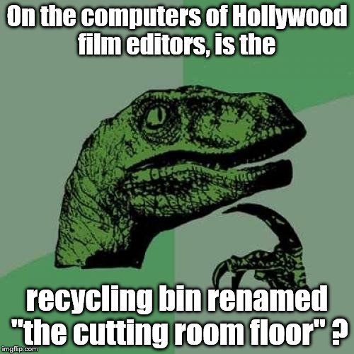 Philosoraptor | On the computers of Hollywood film editors, is the; recycling bin renamed "the cutting room floor" ? | image tagged in memes,philosoraptor | made w/ Imgflip meme maker