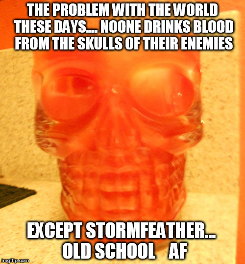 THE PROBLEM WITH THE WORLD THESE DAYS.... NOONE DRINKS BLOOD FROM THE SKULLS OF THEIR ENEMIES; EXCEPT STORMFEATHER... 
OLD SCHOOL    AF | image tagged in skulls of thier enemies | made w/ Imgflip meme maker