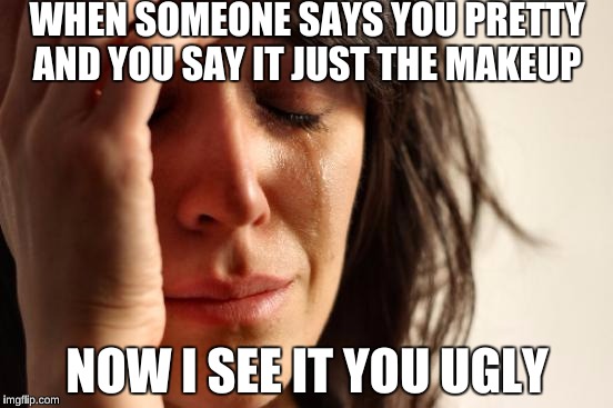 First World Problems Meme | WHEN SOMEONE SAYS YOU PRETTY AND YOU SAY IT JUST THE MAKEUP; NOW I SEE IT YOU UGLY | image tagged in memes,first world problems | made w/ Imgflip meme maker