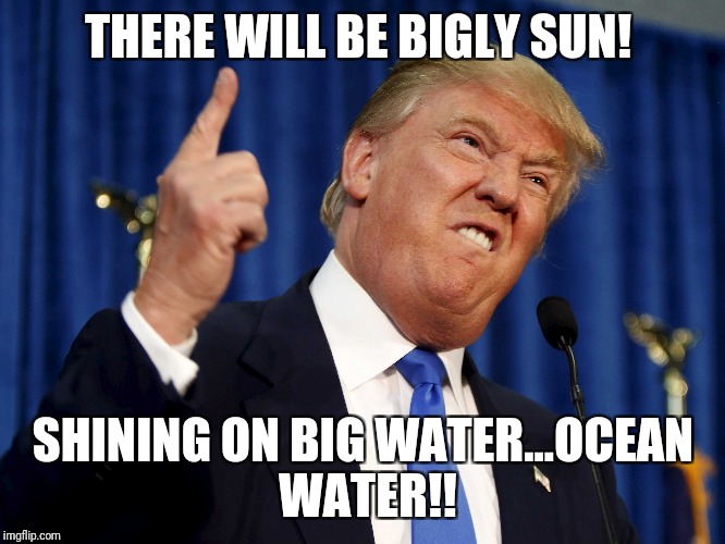 THERE WILL BE BIGLY SUN! SHINING ON BIG WATER...OCEAN WATER!! | image tagged in bigly | made w/ Imgflip meme maker