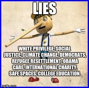 Lies | LIES; WHITE PRIVILEGE, SOCIAL JUSTICE, CLIMATE CHANGE, DEMOCRATS, REFUGEE RESETTLEMENT, OBAMA CARE, INTERNATIONAL CHARITY, SAFE SPACES, COLLEGE EDUCATION. | image tagged in lies | made w/ Imgflip meme maker