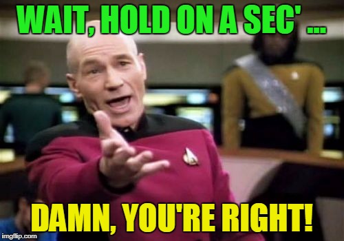 Picard Wtf Meme | WAIT, HOLD ON A SEC' ... DAMN, YOU'RE RIGHT! | image tagged in memes,picard wtf | made w/ Imgflip meme maker