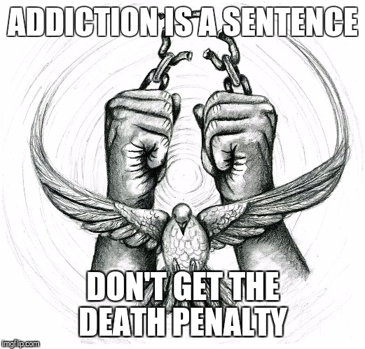 Addiction  | ADDICTION IS A SENTENCE; DON'T GET THE DEATH PENALTY | image tagged in rehab,detox,heroin,drugs,hope | made w/ Imgflip meme maker