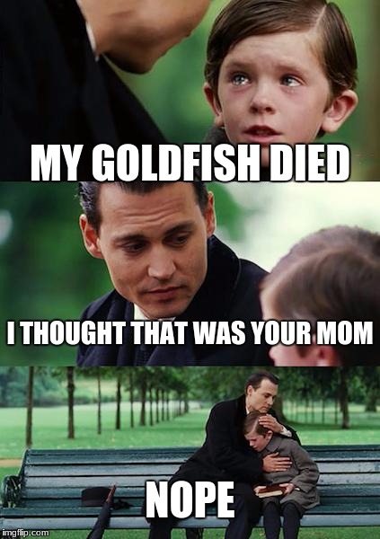 Finding Neverland Meme | MY GOLDFISH DIED; I THOUGHT THAT WAS YOUR MOM; NOPE | image tagged in memes,finding neverland | made w/ Imgflip meme maker