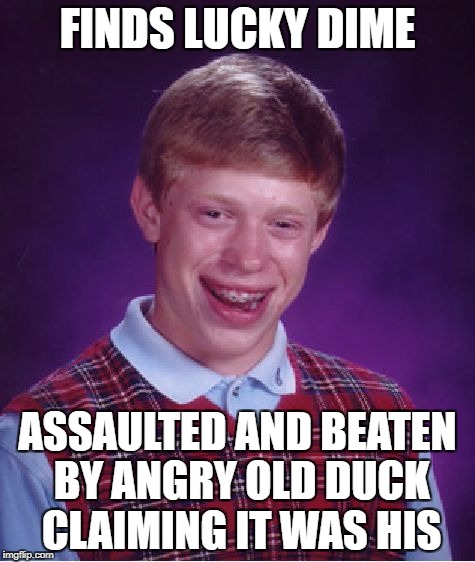 Bad Luck Brian Meme | FINDS LUCKY DIME; ASSAULTED AND BEATEN BY ANGRY OLD DUCK CLAIMING IT WAS HIS | image tagged in memes,bad luck brian | made w/ Imgflip meme maker