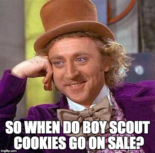 Creepy Condescending Wonka Meme | SO WHEN DO BOY SCOUT COOKIES GO ON SALE? | image tagged in memes,creepy condescending wonka | made w/ Imgflip meme maker