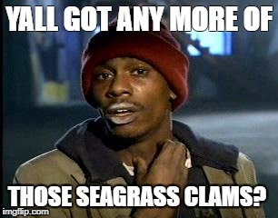 Y'all Got Any More Of That | YALL GOT ANY MORE OF; THOSE SEAGRASS CLAMS? | image tagged in memes,yall got any more of | made w/ Imgflip meme maker
