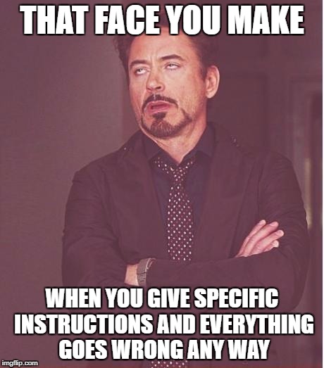 Face You Make Robert Downey Jr | THAT FACE YOU MAKE; WHEN YOU GIVE SPECIFIC INSTRUCTIONS AND EVERYTHING GOES WRONG ANY WAY | image tagged in memes,face you make robert downey jr | made w/ Imgflip meme maker