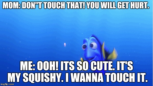 MOM: DON"T TOUCH THAT! YOU WILL GET HURT. ME: OOH! ITS SO CUTE. IT'S MY SQUISHY. I WANNA TOUCH IT. | image tagged in funny memes | made w/ Imgflip meme maker