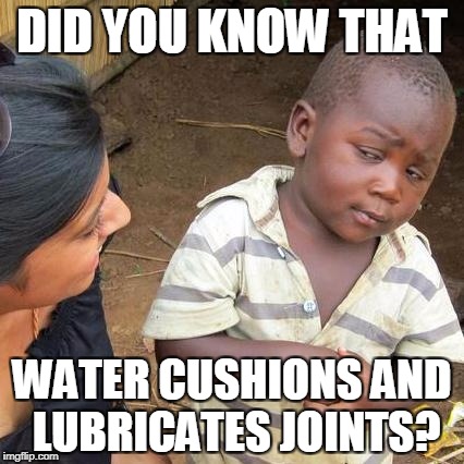 Third World Skeptical Kid Meme | DID YOU KNOW THAT; WATER CUSHIONS AND LUBRICATES JOINTS? | image tagged in memes,third world skeptical kid | made w/ Imgflip meme maker
