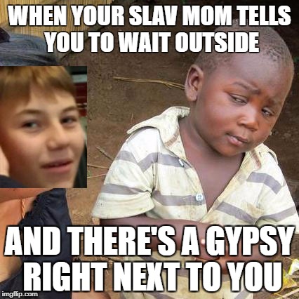 Slavs are best for you | WHEN YOUR SLAV MOM TELLS YOU TO WAIT OUTSIDE; AND THERE'S A GYPSY RIGHT NEXT TO YOU | image tagged in slavculture,squat,datsracist | made w/ Imgflip meme maker