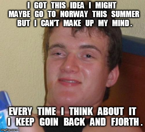 Stoner to Norway | I   GOT   THIS   IDEA   I   MIGHT   MAYBE   GO   TO   NORWAY   THIS   SUMMER   BUT   I   CAN'T   MAKE   UP   MY   MIND . EVERY   TIME   I   THINK   ABOUT   IT   I   KEEP   GOIN   BACK   AND   FJORTH . | image tagged in memes,10 guy | made w/ Imgflip meme maker