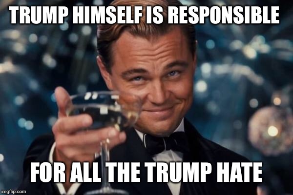 Leonardo Dicaprio Cheers Meme | TRUMP HIMSELF IS RESPONSIBLE FOR ALL THE TRUMP HATE | image tagged in memes,leonardo dicaprio cheers | made w/ Imgflip meme maker